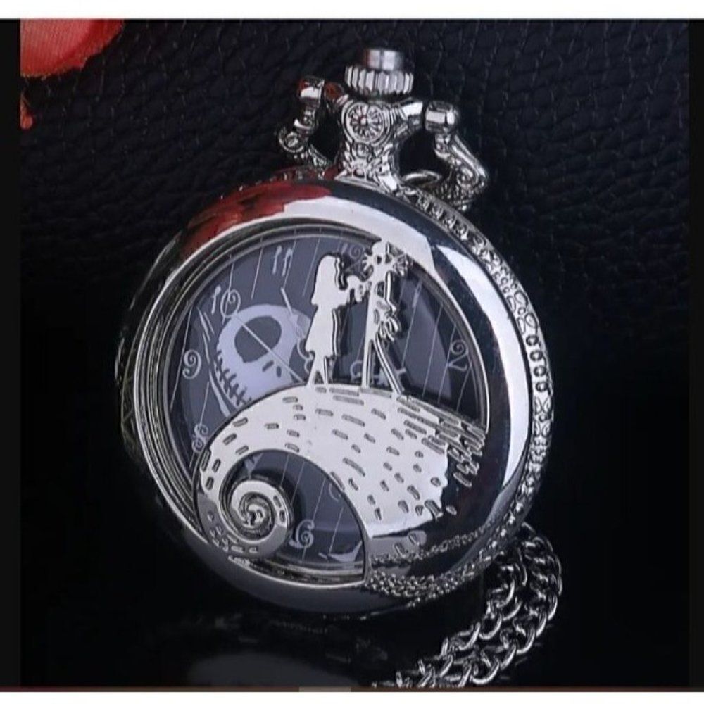New! Nightmare Before Christmas Dial Silver Quartz Pocket Watch With Chain Men W